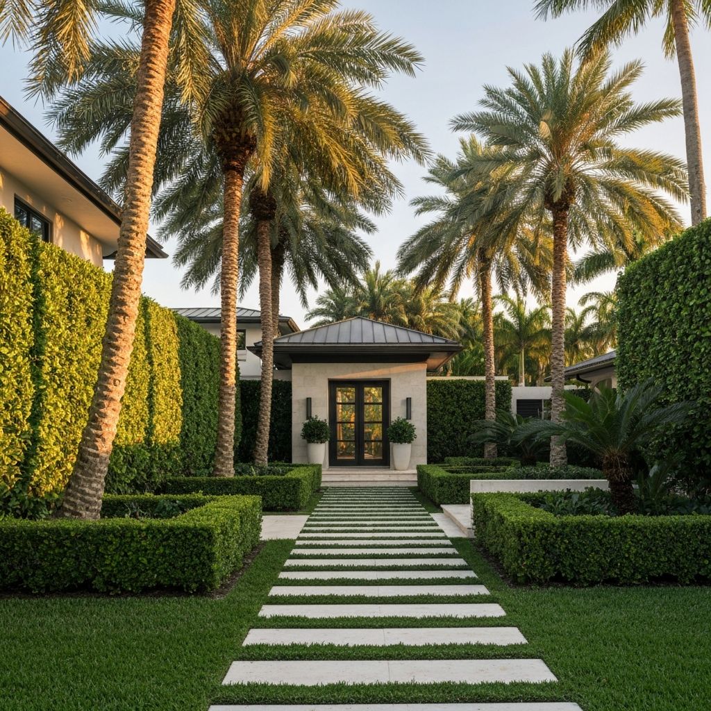 Luxury South Florida landscape design with manicured hedges and tropical plants